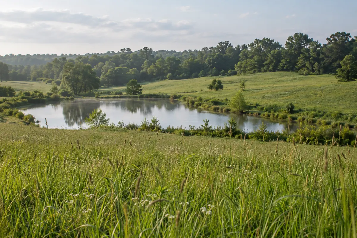Grassy pasture surrounding a pond beside a wooded tree line