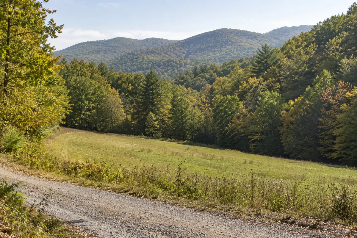 A gravel lane beside a grassy clearing below rounded wooded Appalachian ridges