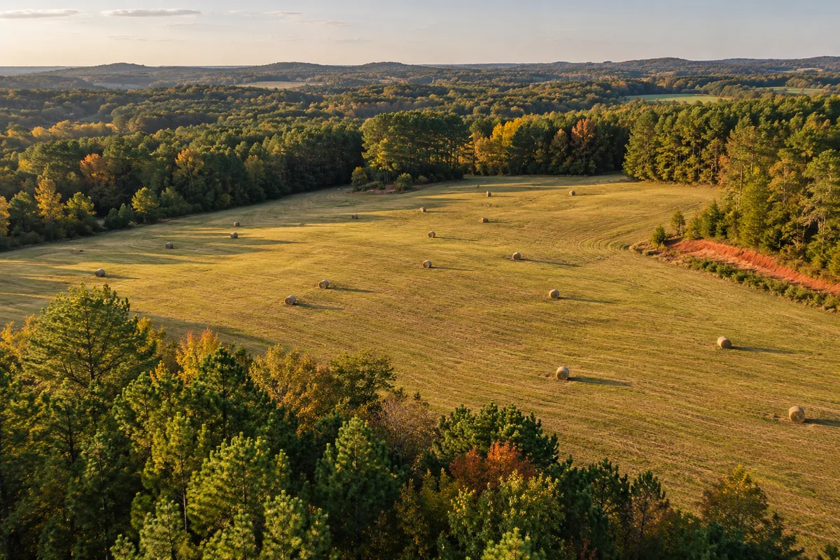 Hay bales in a rolling field beside pine and oak woods