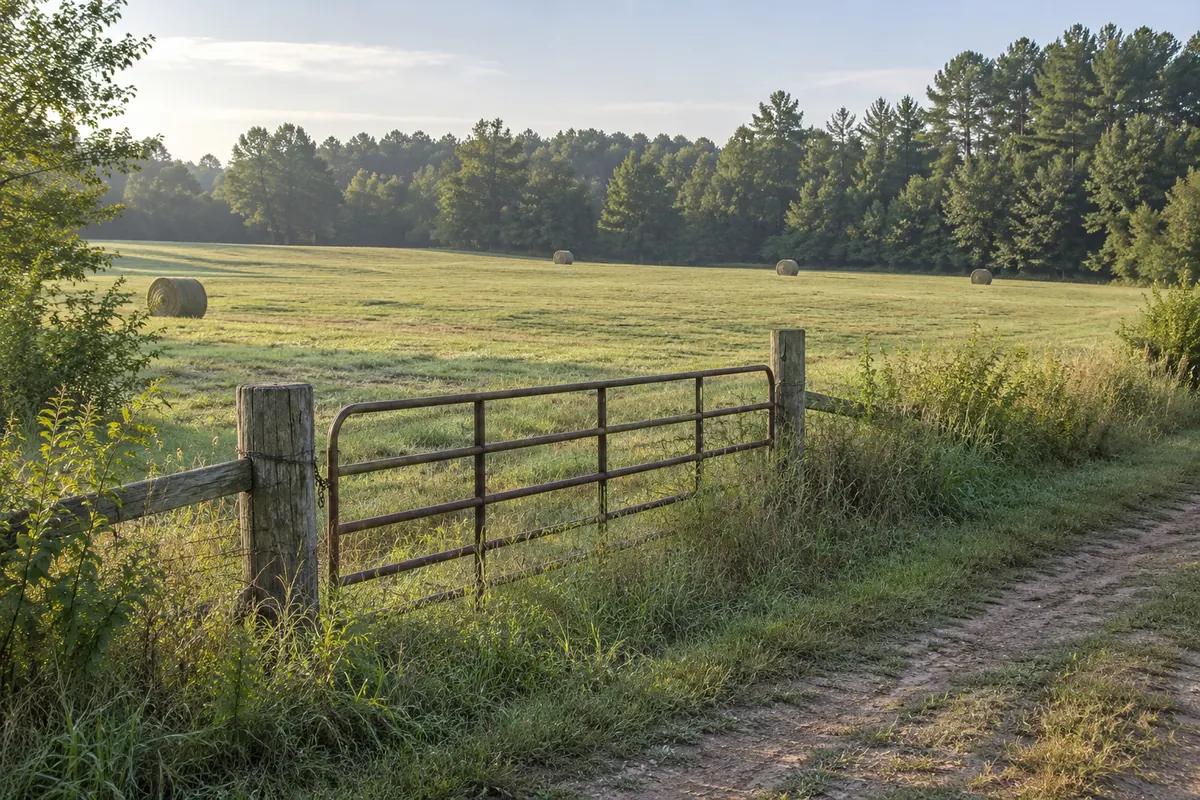 A simple field gate beside an open hay meadow and a wooded tree line