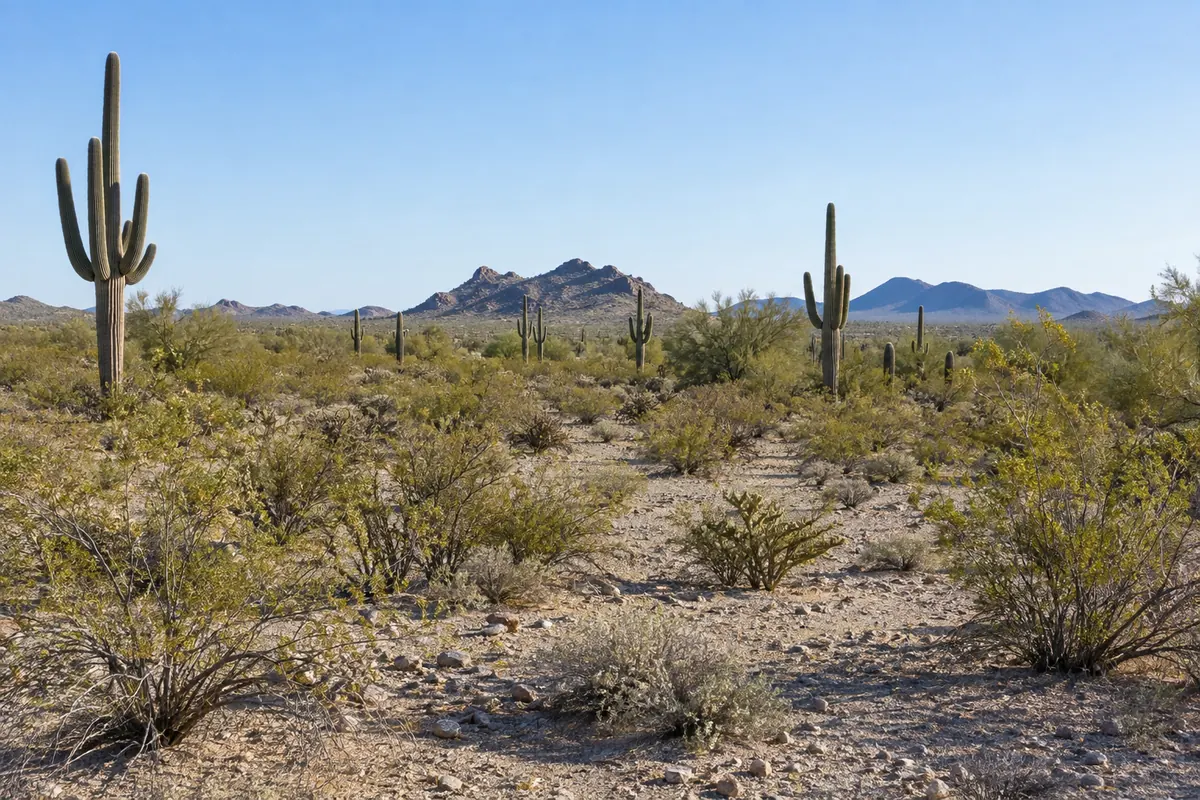 Open desert ground with scattered cactus and distant mountains
