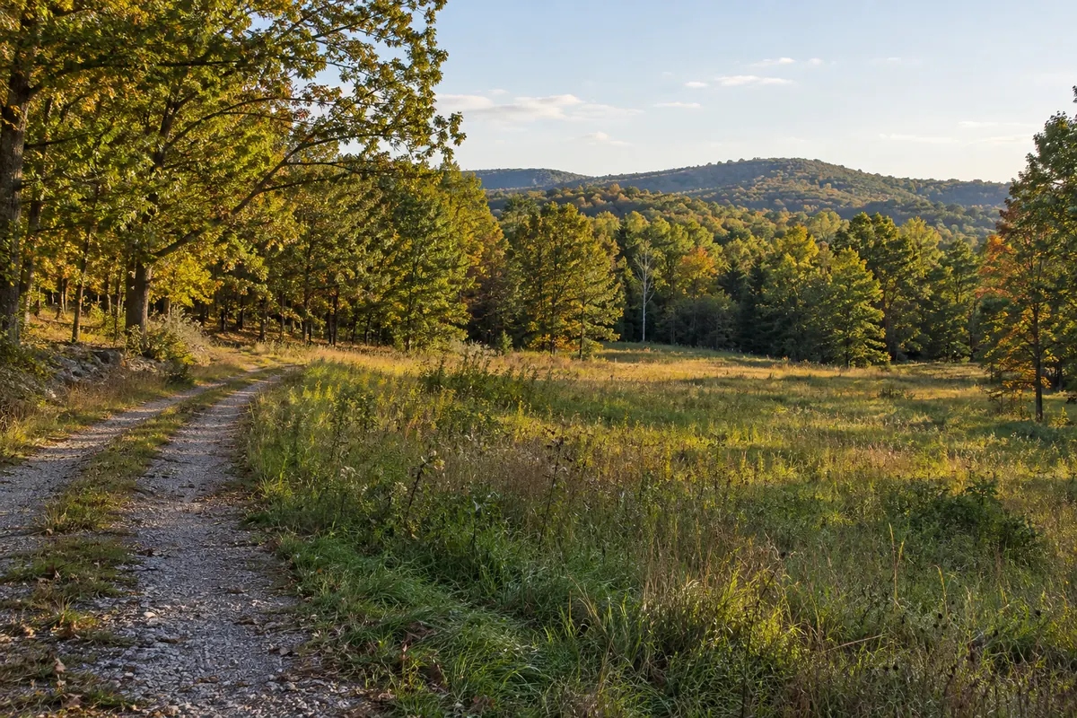 Gravel lane beside an open meadow and wooded hills