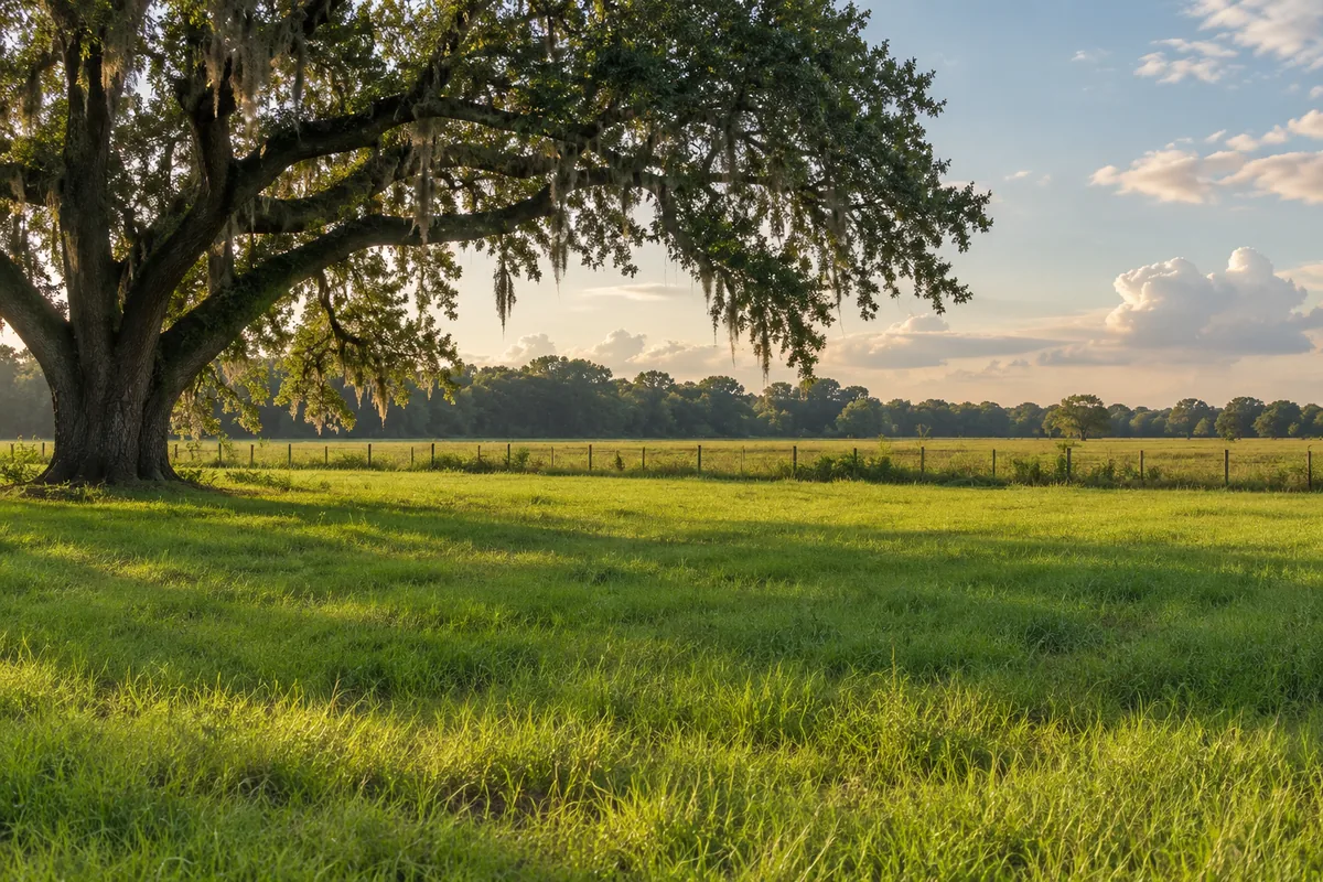 A flat green field beside a spreading live oak with a distant tree line