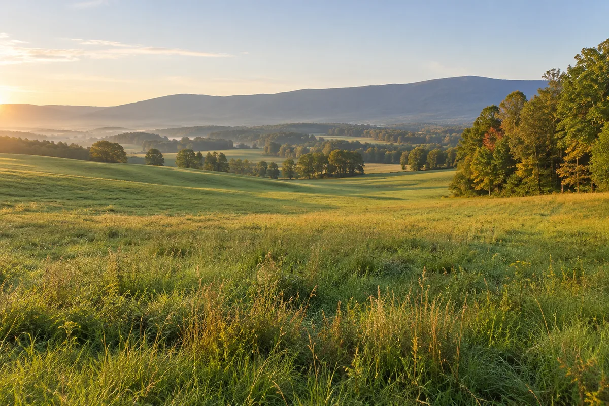 Rolling green pasture and autumn trees with a broad blue-gray ridge beyond