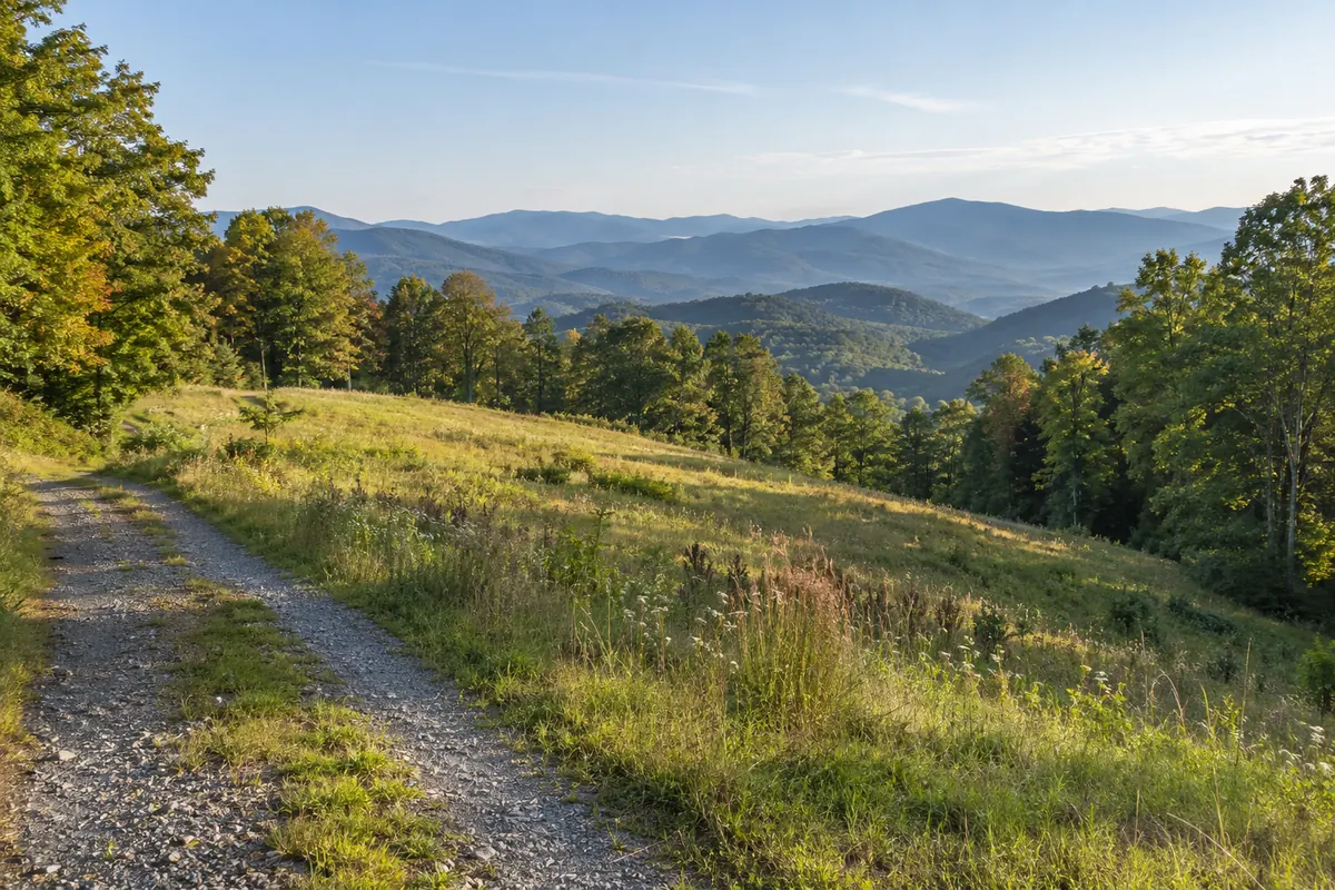 A grassy mountain meadow beside a gravel track with wooded Blue Ridge hills beyond