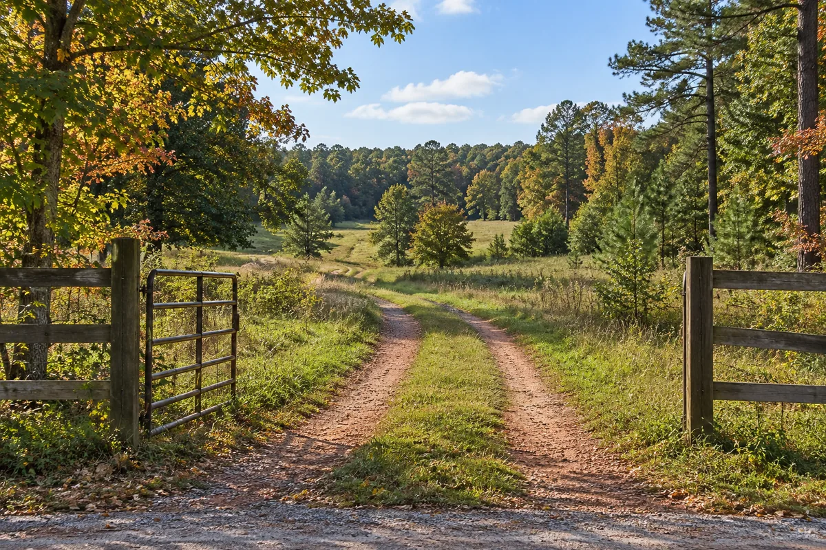 Open farm gate leading to a grassy lane between pine and hardwood trees