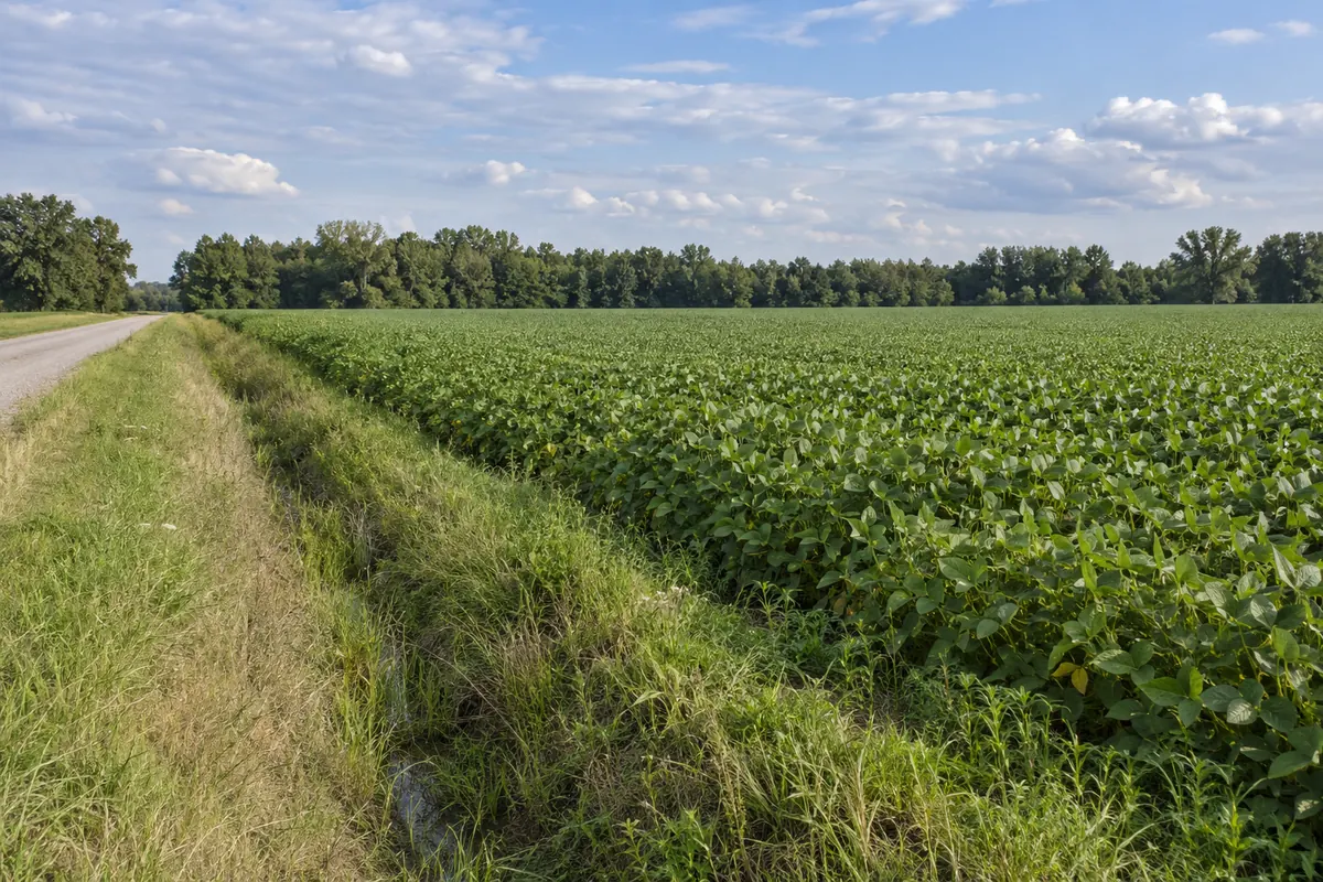A green farm field borders a grassy drainage ditch and a quiet rural road