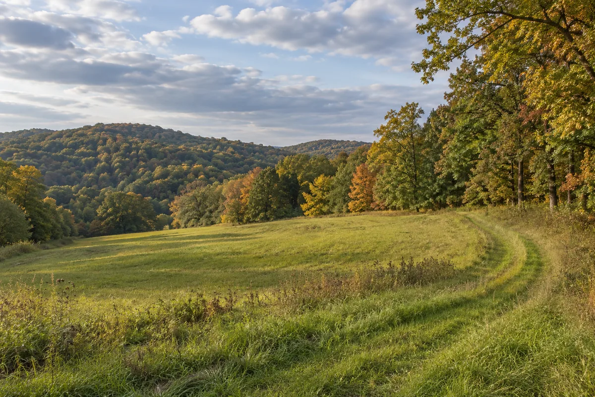 A mown track curves through a rolling meadow beside an oak and maple woodland
