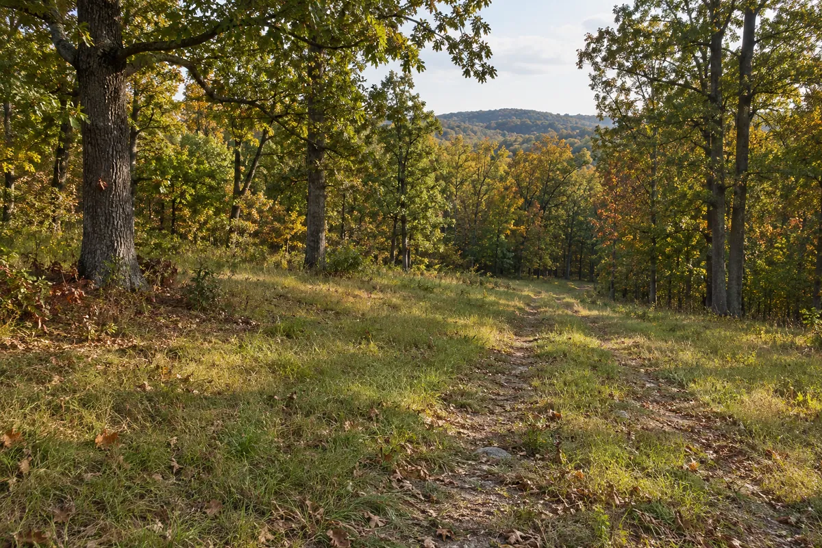 Grassy track through a clearing with oak and hickory trees