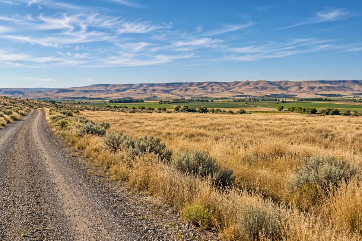 Gravel farm lane through golden grass, with green fields and dry hills beyond