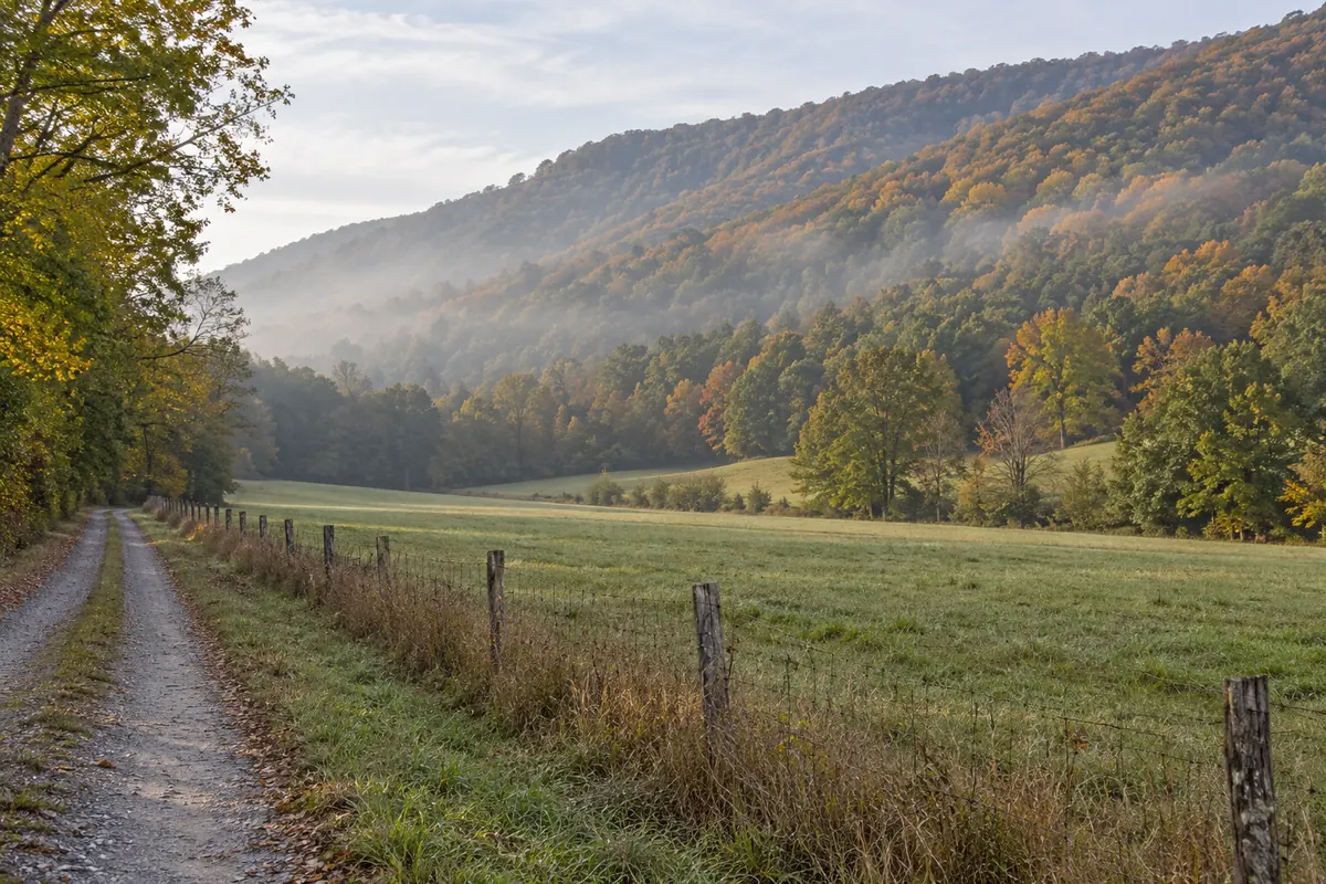 A grassy valley field beside a gravel lane and fence, with an autumn wooded ridge beyond