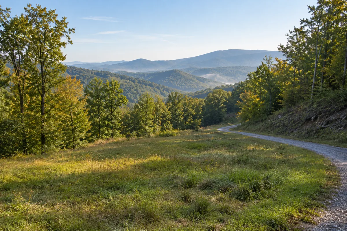 A grassy clearing and gravel lane below wooded Blue Ridge foothills