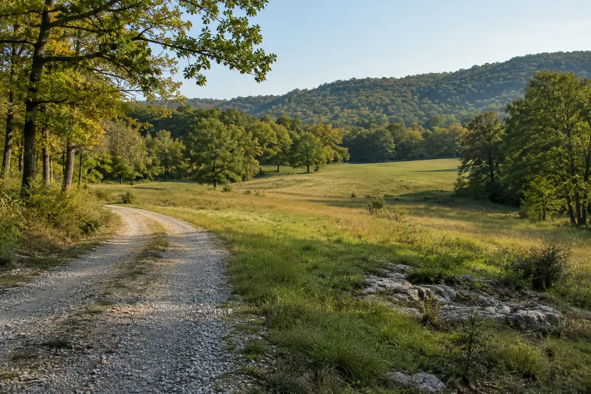 Gravel entrance curving into a grassy clearing below wooded hills