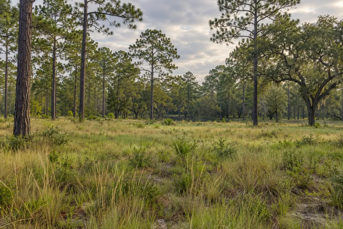 Grassy clearing among tall pine trees and spreading oak branches