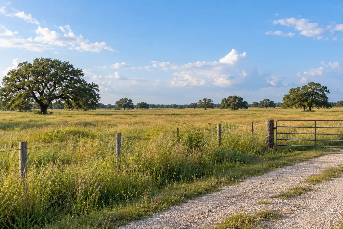 Gravel entrance beside open grassy pasture with live oak trees beneath a broad sky