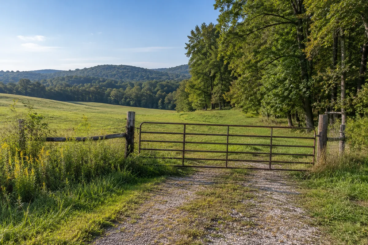 A gravel field entrance and farm gate beside rolling pasture and mature hardwood trees