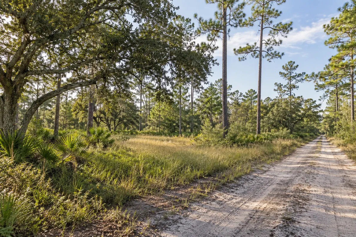 A sandy lane beside longleaf pines, native grasses and spreading oak trees