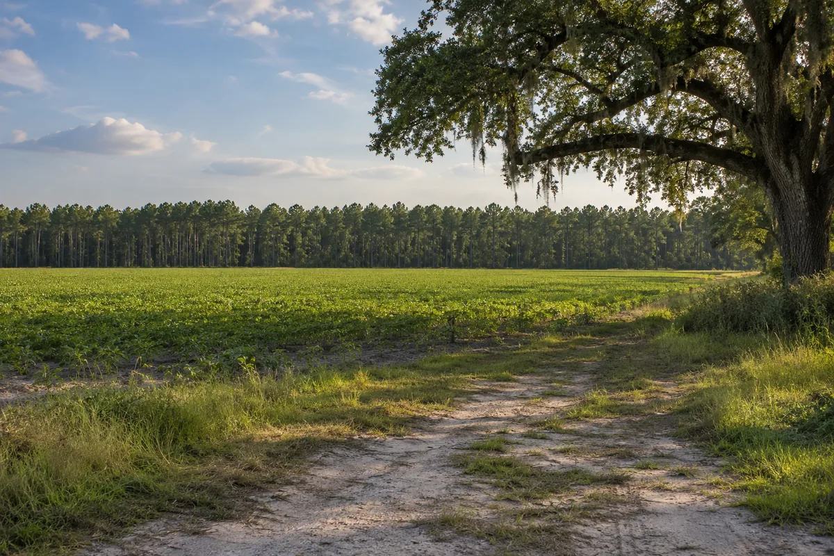 An open green field beside a broad live oak and a distant pine tree line