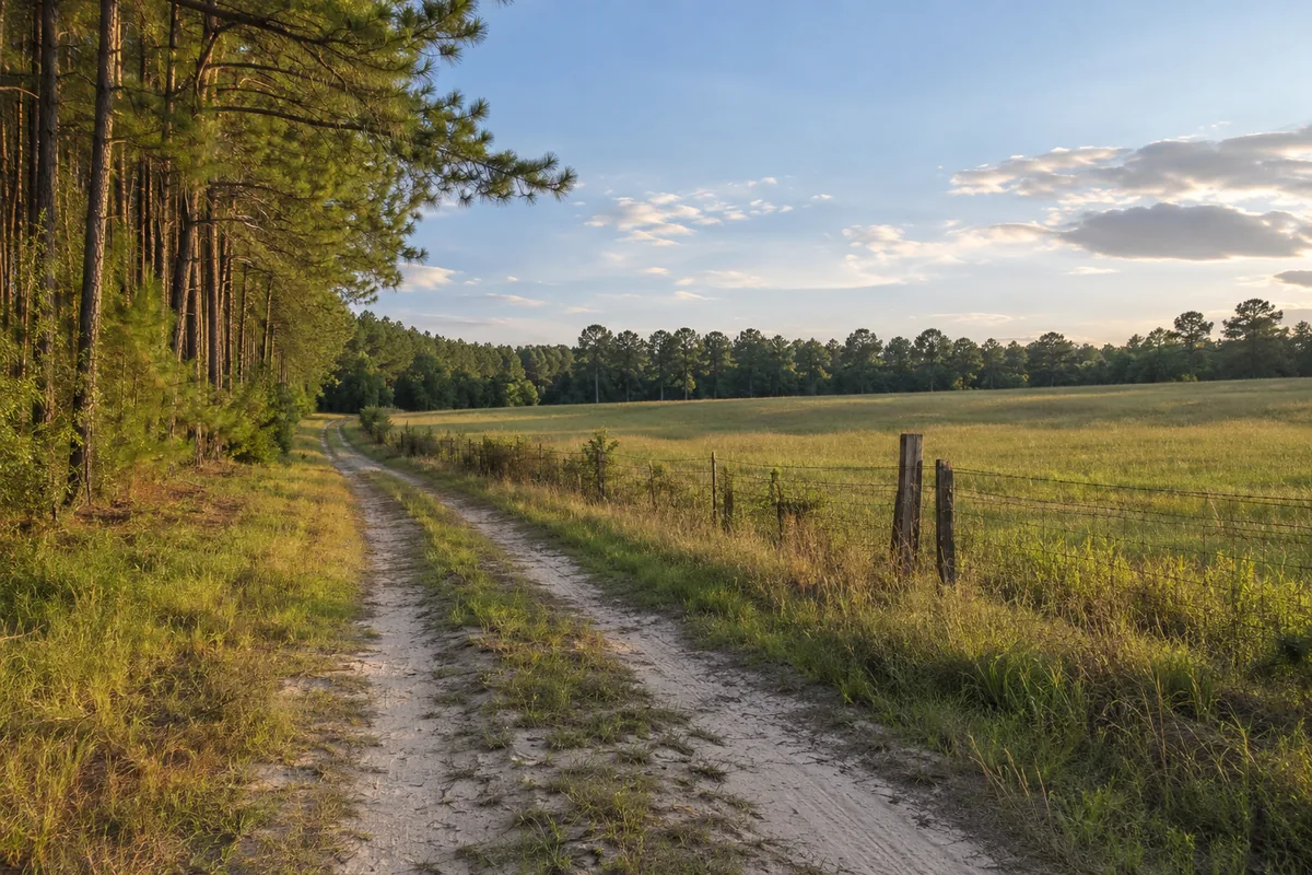 Farm lane beside a pine stand and an open field