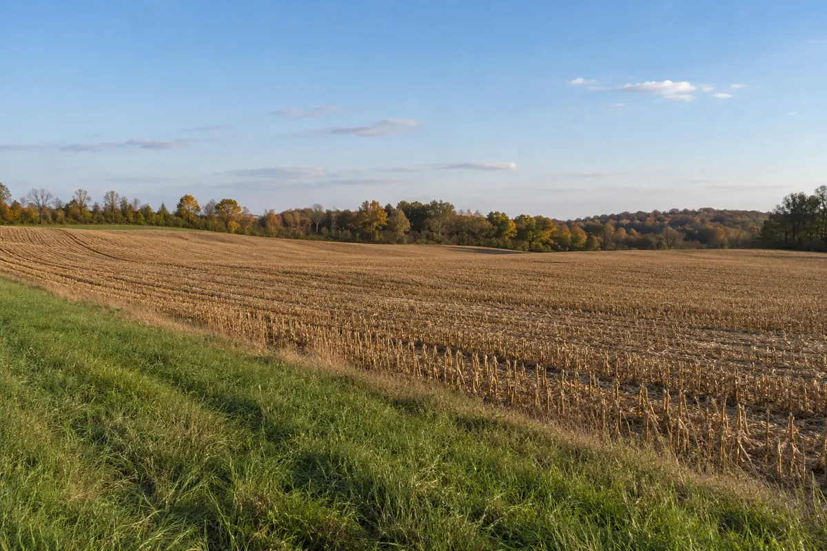 Harvested field with a grassy edge and autumn tree line