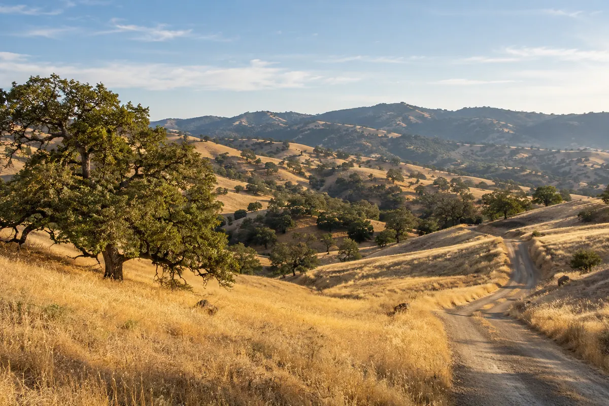 A dirt lane through golden hills dotted with oak trees