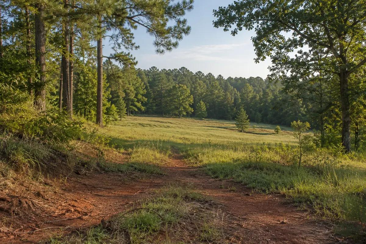 An open grassy clearing and red-clay entrance bordered by pines and oak woods