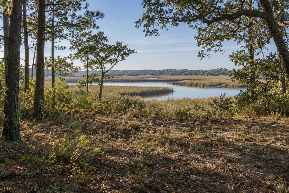 A clearing beside coastal trees overlooks marsh grass and a quiet creek