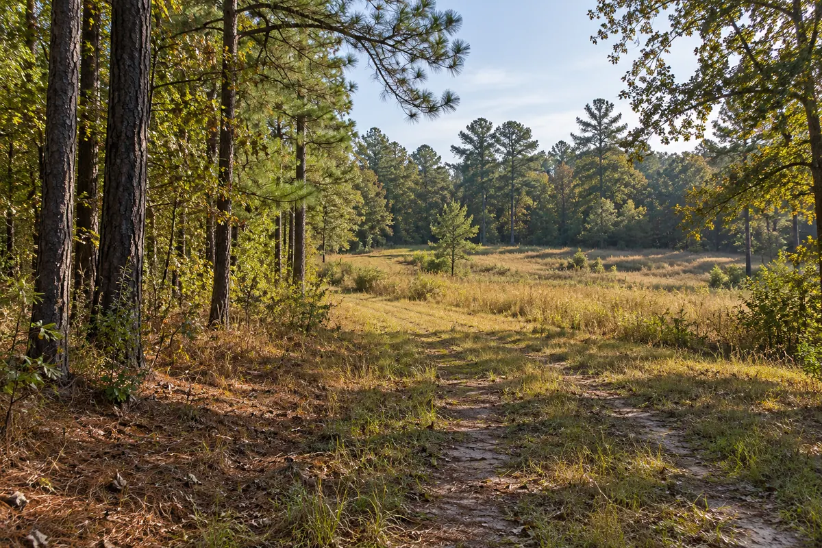 A dirt lane through an open field beside pine and hardwood trees