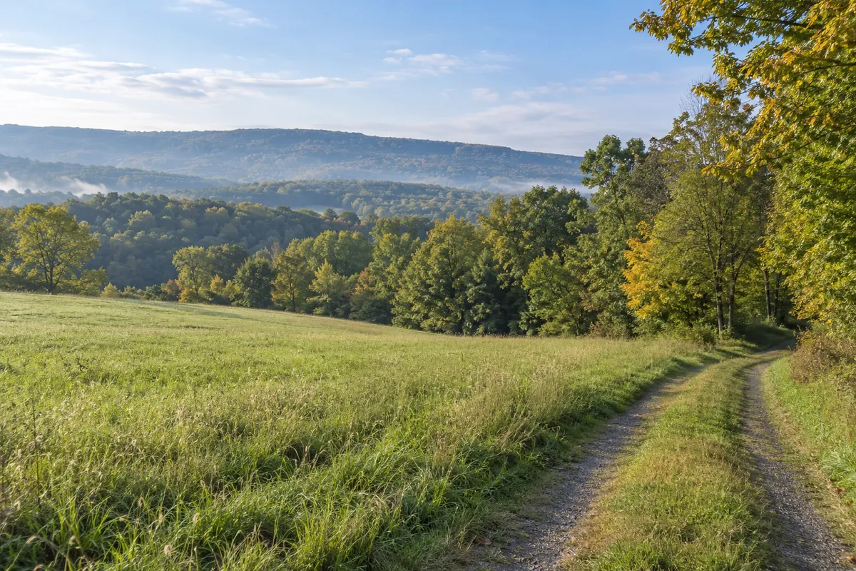Grassy meadow and a farm lane beside trees, with a wooded ridge in the distance