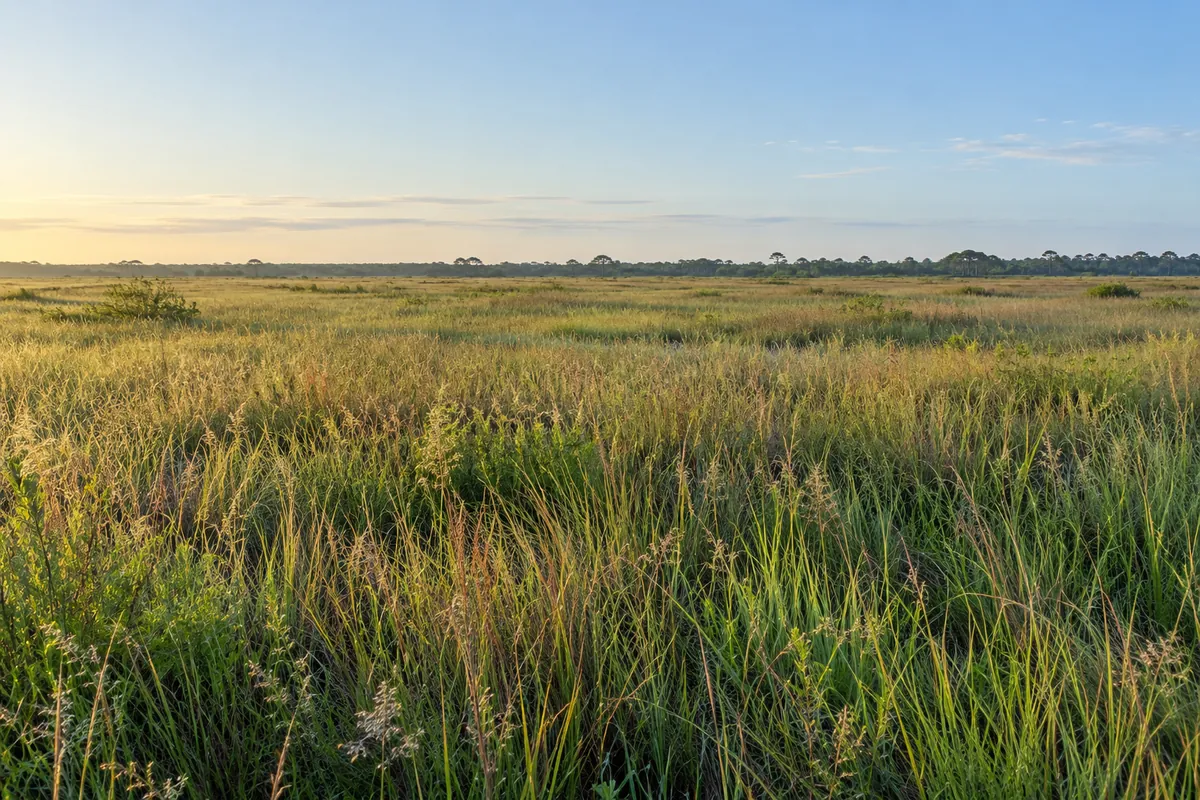 Open prairie grassland beside a low tree line