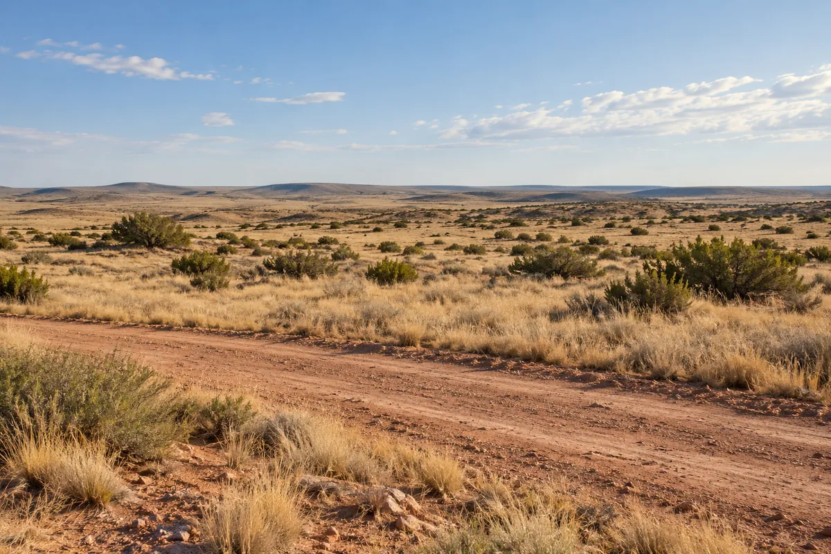 Unpaved ranch lane through dry New Mexico grassland with low shrubs and an open horizon