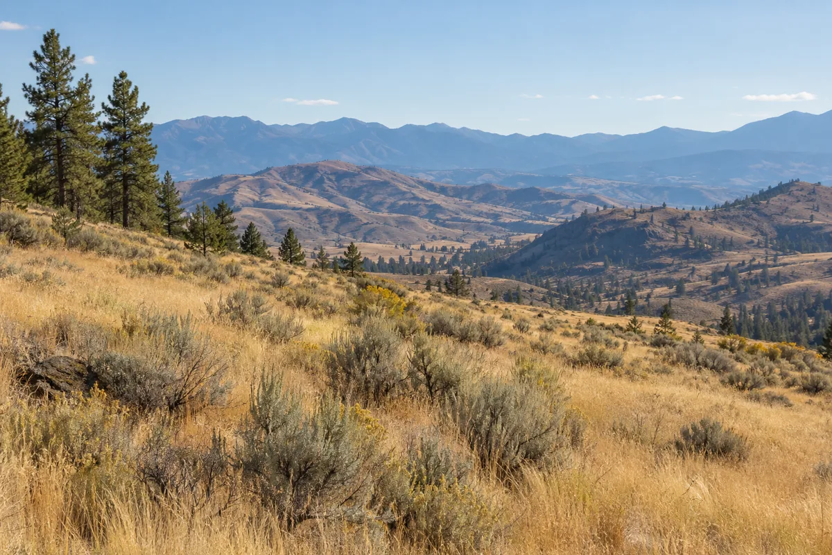 Dry grassy hillside with sagebrush and pines above a broad mountain valley