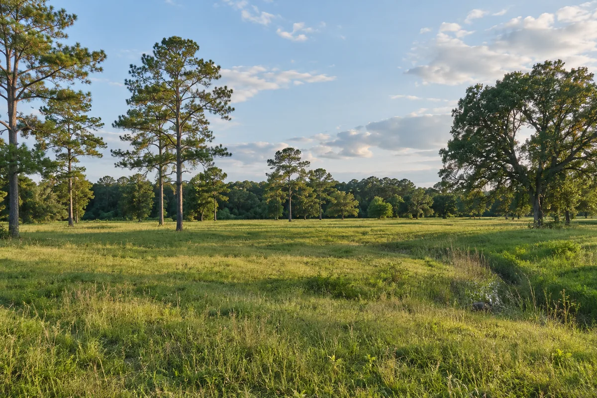A level grassy tract lies beside pines and oaks under a pale blue sky