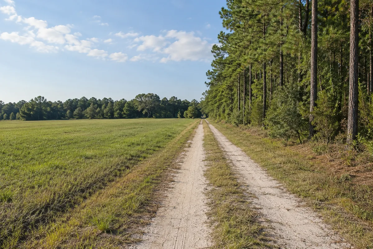 A sandy lane between a level grassy field and tall pine trees