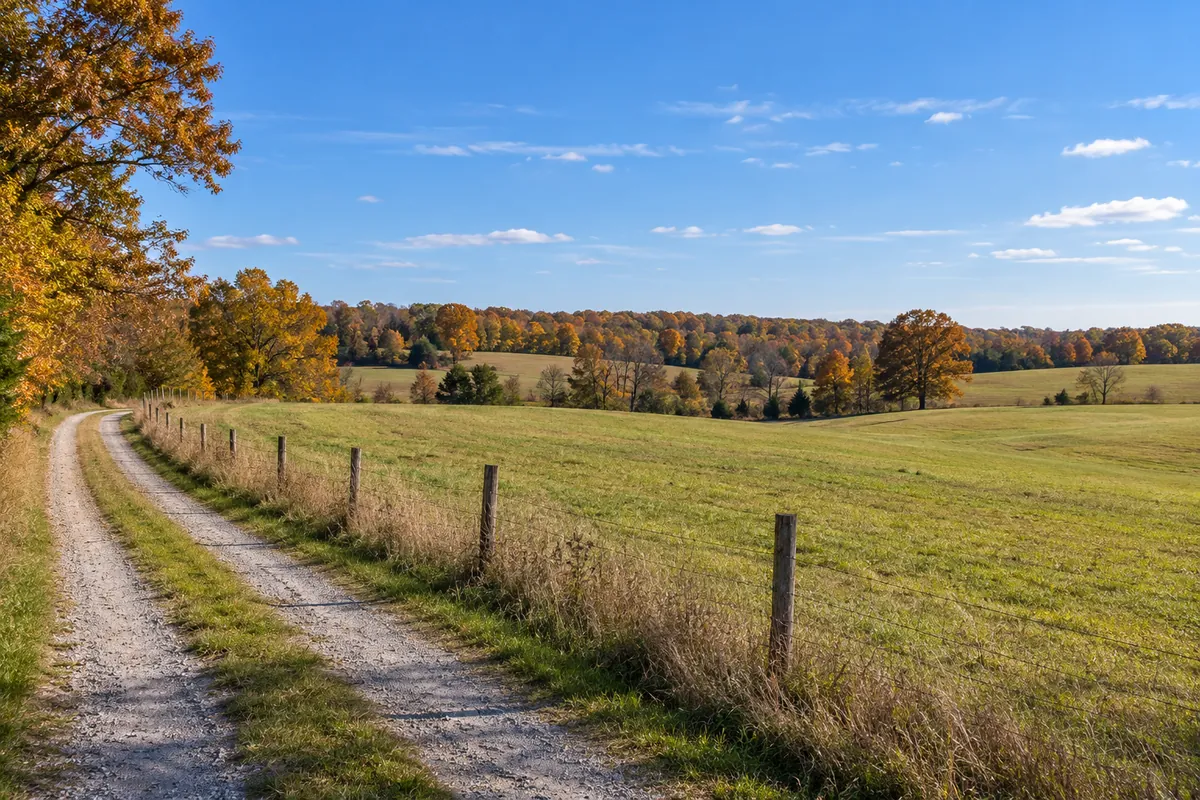 Open farm meadow beside a gravel lane with hardwood trees on the horizon