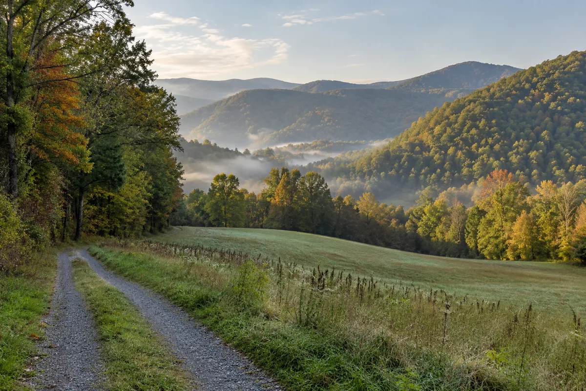 A gravel track borders a sloping pasture with mist and rounded wooded mountain ridges beyond