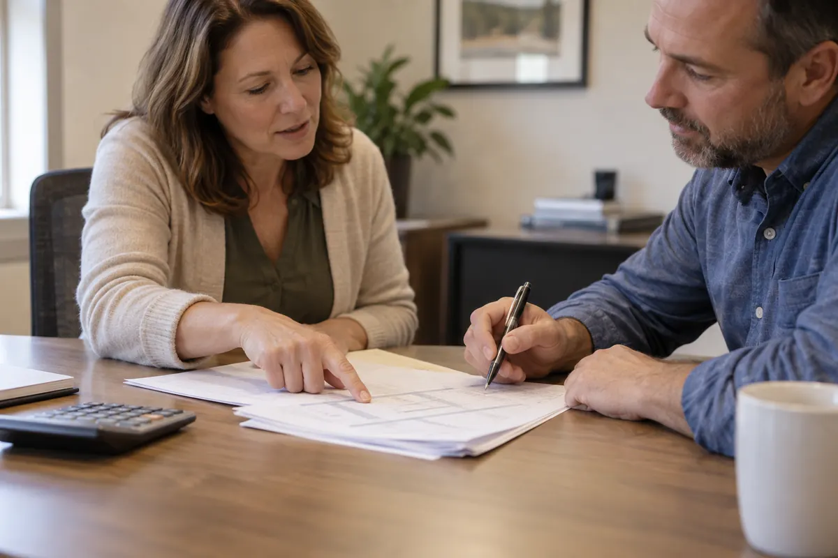 Two people review sale papers together at a table