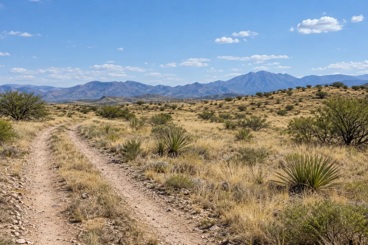 Dry grass and desert shrubs beside a rough dirt track with distant mountains