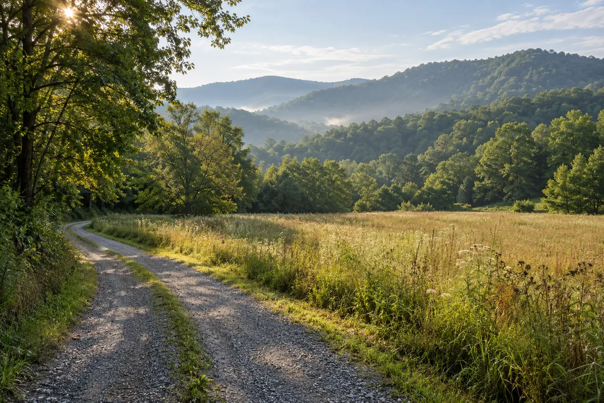 A gravel lane beside an open meadow and wooded ridges in eastern Tennessee