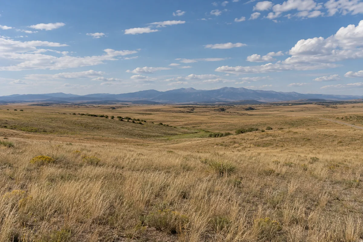 Dry Colorado grassland with low rolling hills and the Front Range in the distance