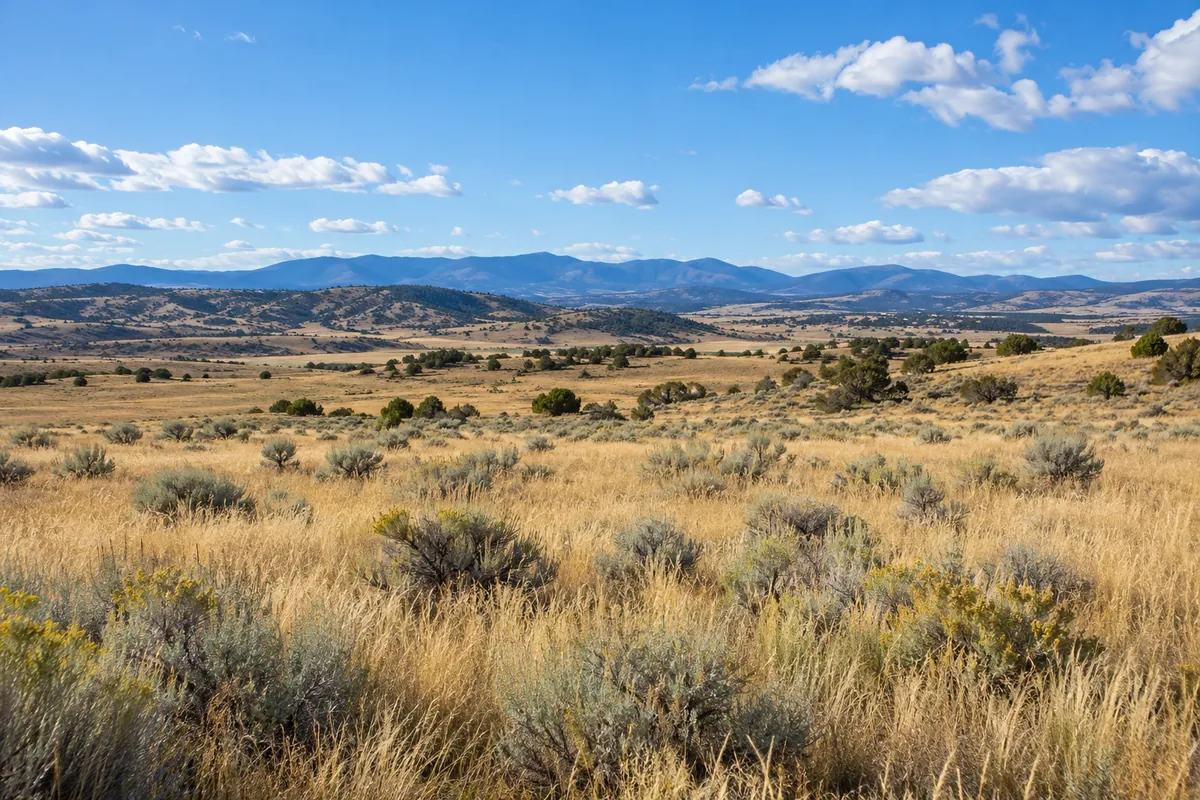Dry grassland and low shrubs beneath distant foothills and a wide blue sky