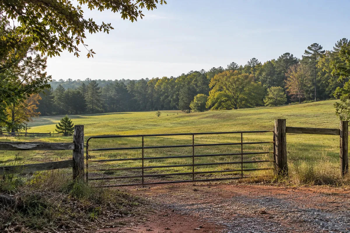 Farm gate opening toward grassy pasture and a line of pine trees