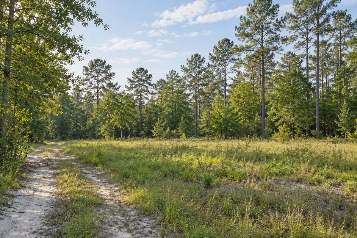 Grassy clearing and sandy track beside tall pines