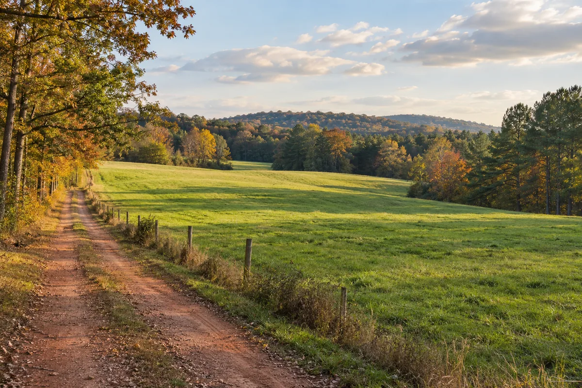 Dirt lane beside a fenced green pasture and wooded hills