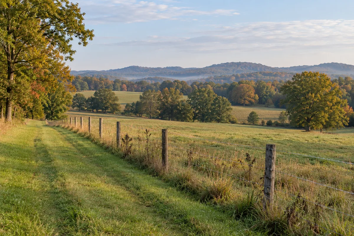 Grassy track beside a pasture fence with wooded ridges beyond