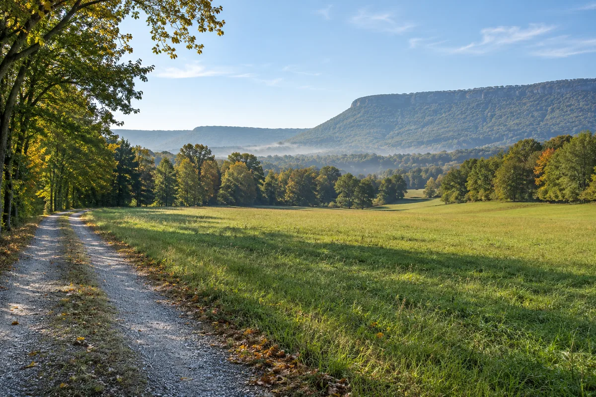 A gravel lane crosses a green valley meadow toward a broad wooded ridge in soft morning light