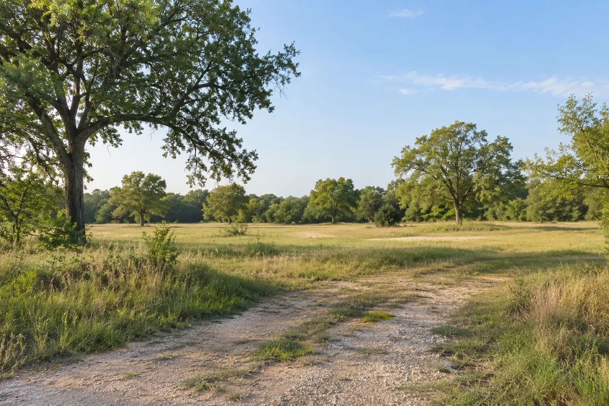 Open grassy land with mature trees along the edge