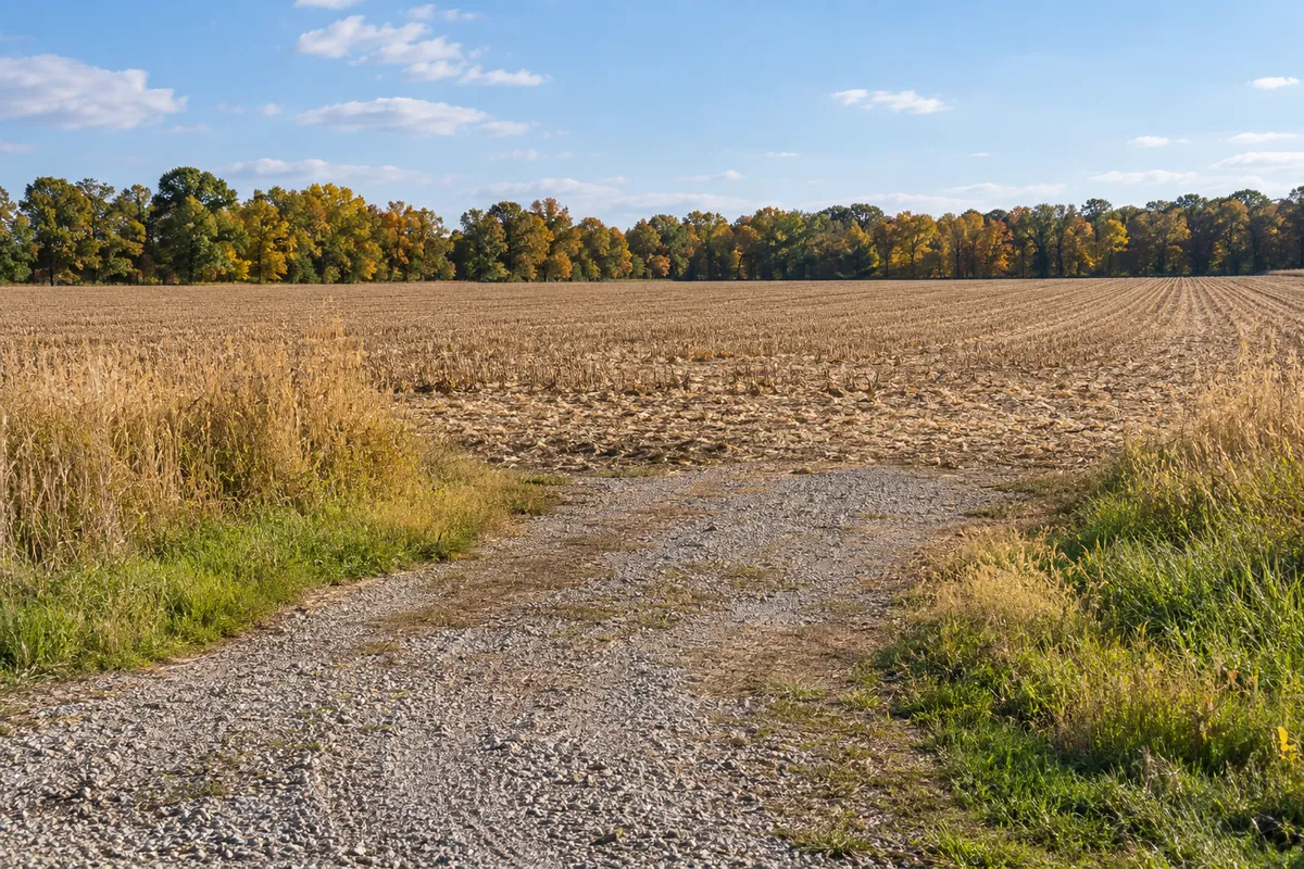Gravel field entrance beside a flat harvested field and autumn trees