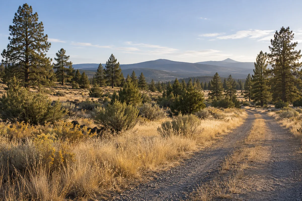 Gravel track through dry meadow with scattered pines and juniper