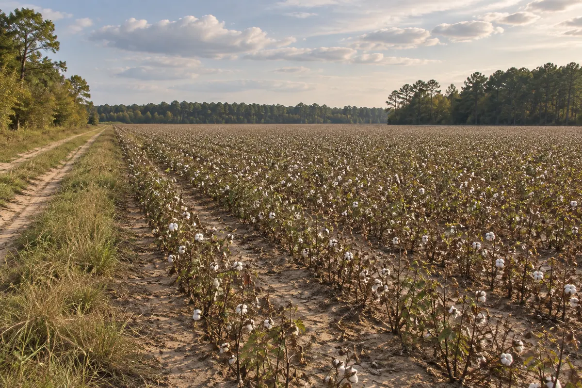 Cotton rows beside a grassy farm lane and a distant pine and hardwood tree line